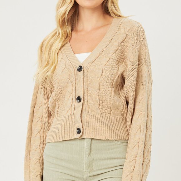 ⚡FINAL SALE! Khaki Cable Knit Crop Cardigan - Picture 2 of 6
